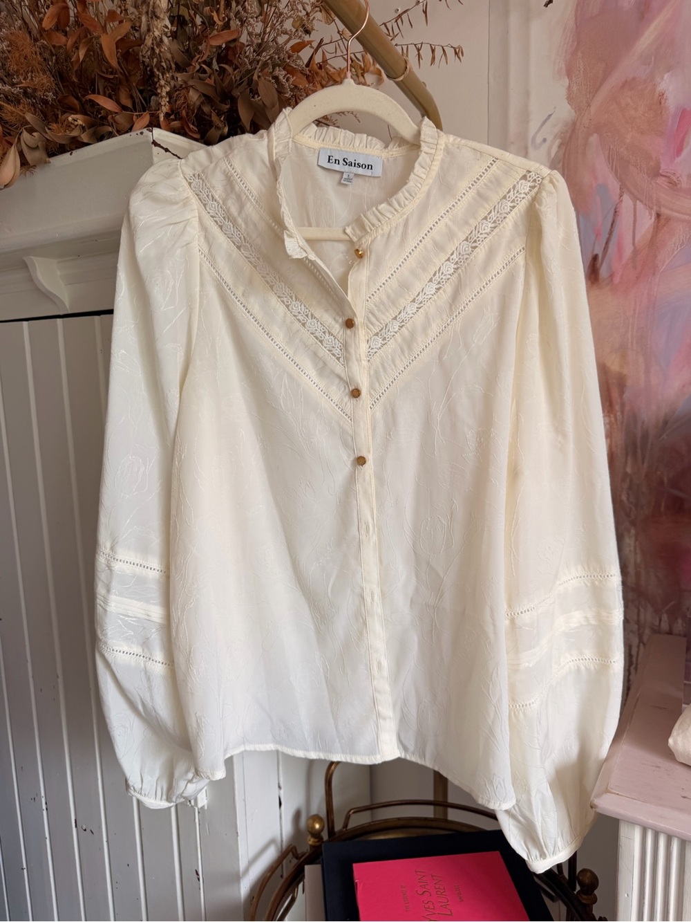 En Saison Ivory Lace-Trim Button Front Blouse